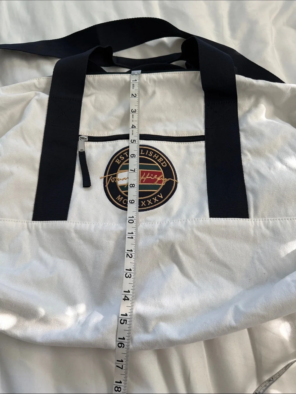 Tommy Hilfiger White Canvas Duffel with Black Straps and Signature Patch
